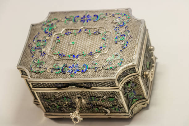 ornate silver box with inlay work of precious stones