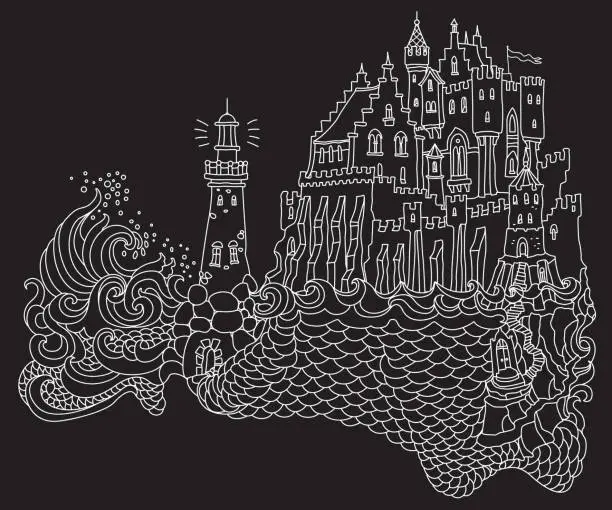 Vector illustration of Vector contour thin line dark night landscape illustration. Lighthouse island, fairy tale castle, sea waves. Black and white hand drawn sketch artwork. Adults coloring book page, tee shirt print
