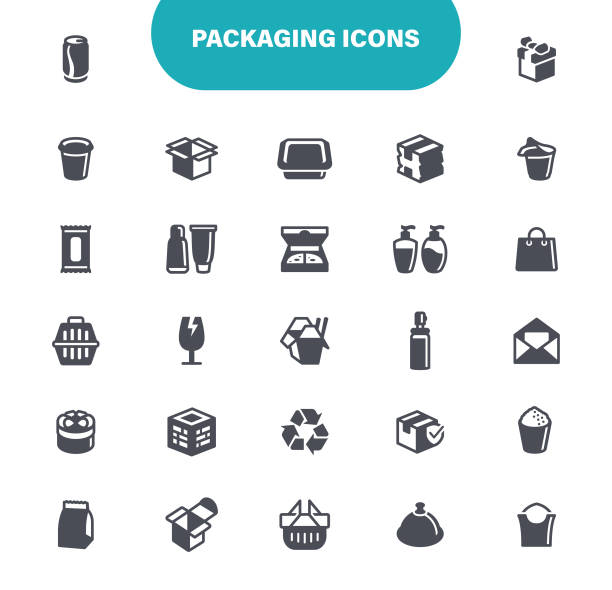 Packaging Icons. Set contain icon as Box - Container, Cardboard, Cargo Container, Carton, Illustration Packing, Delivery, Garbage Bag, Supermarket, Plastic, Icon Set polystyrene box stock illustrations