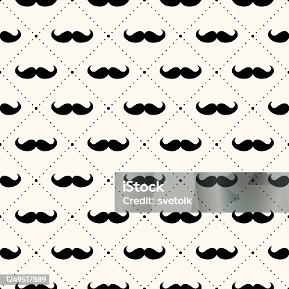 istock Seamless vector geometric pattern with mustaches and polka dot. Background for Fathers Day. Modern simple hipster texture 1249517889