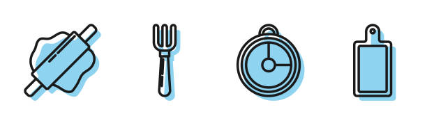 ilustraciones, imágenes clip art, dibujos animados e iconos de stock de establecer línea temporizador de cocina , rolling pin , bifurcación y icono de tablero de corte. vector - rolling fork