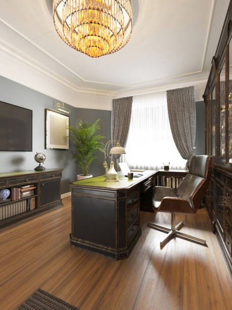 istock Classic interior study cabinet with a study table, bookcase with shelves and a leather sofa. English style, black and green color. 1249521139