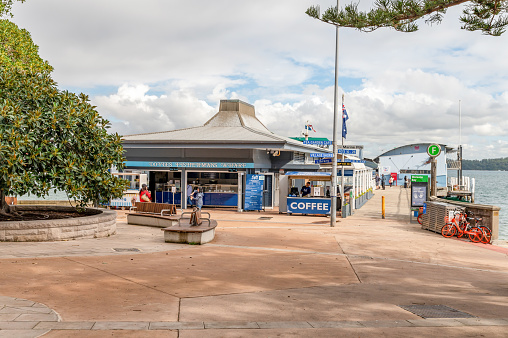Sydney NSW Australia - May 27th 2020 - Doyles Fisherman Shop and cafe stand in front of the Watsons Bay Wharf on a cloudy autumn afternoon