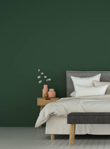istock Minimal bedroom interior design and green wall background 1249521224