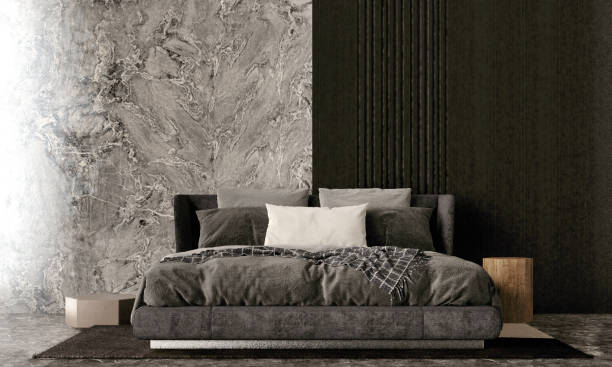 istock Modern luxury bedroom interior design and marble wall background 1249521762