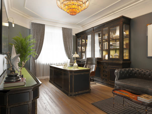 istock Classic interior study cabinet with a study table, bookcase with shelves and a leather sofa. English style, black and green color. 1249522047