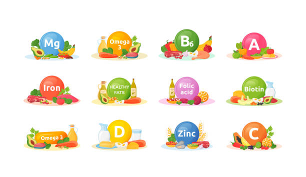Products rich of vitamins, minerals for health cartoon vector illustrations set Products rich of vitamins, minerals for health cartoon vector illustrations set. Balanced diet flat color object. Vitamin A, B6, D. Good nutrition. Healthy eating isolated on white background mineral stock illustrations