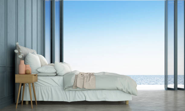istock Modern tropical bedroom interior design decoration and sea view background 1249527010