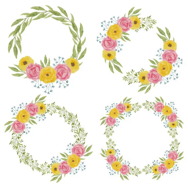 Vector illustration of Watercolor peony flower wreath decoration in pink yellow color