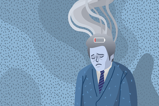 Concept of professional burnout, sad and tired man with smoke above his head on blue background. Flat design, vector illustration.