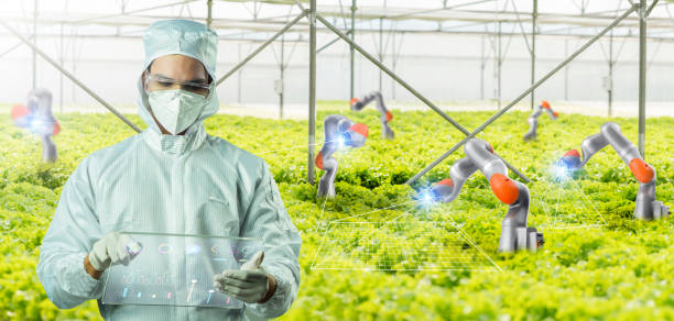 Scientist farmer growing plant in green house lab with IOT based smart agriculture augmented reality monitoring system, automate AI sensor robot GMO free farming industry future internet of thing technology. planta de cultivo de agricultor científico en laboratorio de casa verde con monitor de realidad aumentada de agricultura inteligente basado en iot, automatizar robot de sensor de ia gmo libre industria agrícola futuro internet de la tecnología de la cos
