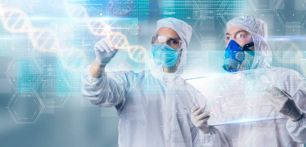 istock Scientist doctor mask suit protection, science AR augmented reality technology virus vaccine antibody research, medical health care VR virtual reality lab blood infect 1249531682