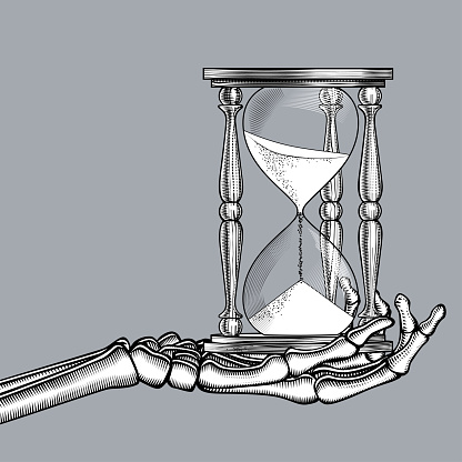 Skeleton hand with a retro hourglass. Vintage engraving stylized drawing. Vector Illustration