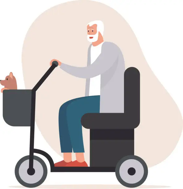 Vector illustration of cheerful elderly senior man driving electric mobility scooter. Old disabled man on power wheelchair strolling with his dog in a basket.