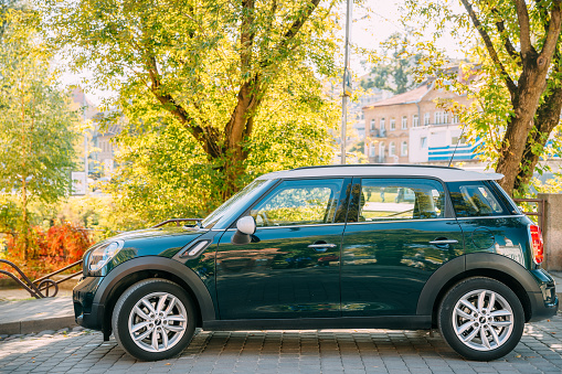 Vilnius, Lithuania - September 29, 2017: Front View Of Green Color Mini Cooper Car Parking At Street