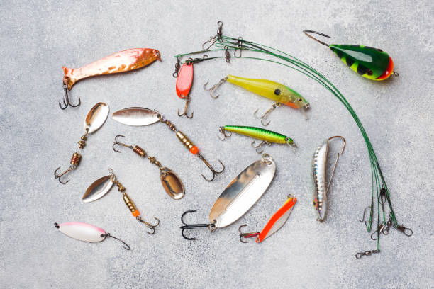 istock Fishing hooks and baits in a set for catching different fish on a grey background with copy space. Flat lay 1249532419