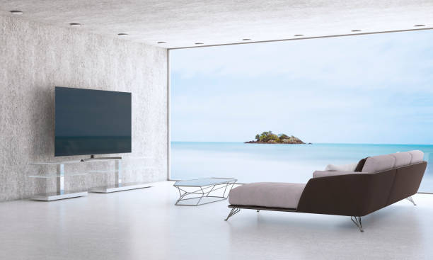 istock Minimalist Living Room With Sea View 1249533555