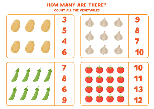 Vegetables Math Worksheet Vegetables Count Math Game For Kids Educational Worksheet Stock ...