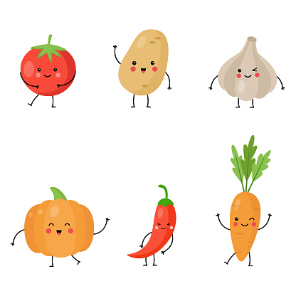 Set of cute kawaii vegetables. Vector illustration of happy and smiling tomato, potato, garlic, pumpkin, red chili pepper and carrot. Isolated elements on white background.