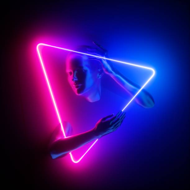 istock 3d render, woman portrait inside triangular pink blue neon frame, mannequin body parts, ultraviolet light glowing ring. Bald head, beautiful female face, hands. Minimal fashion concept 1249543226