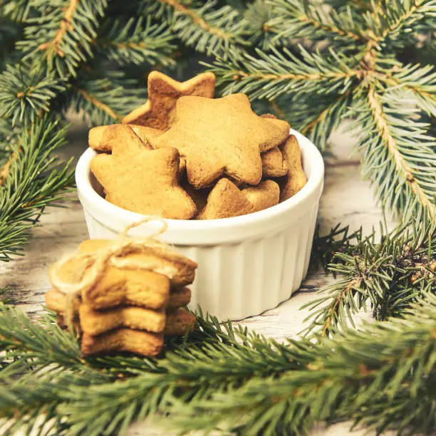 Gingerbread Cookie. Small stars. New Year. Fir branch.