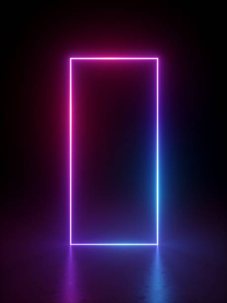 istock 3d render, abstract minimal geometric background. Glowing neon lines. Stage illumination with floor reflection. Blank vertical rectangular frame with copy space 1249543286