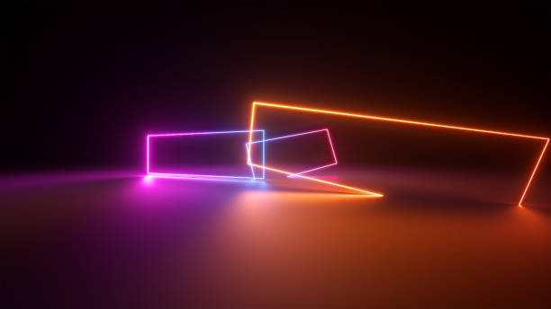 istock 3d render, abstract chaotic geometric background. Stage laser show illumination. Colorful rectangular shapes, square frames, virtual reality. Glowing neon lines. Modern minimal design 1249543354