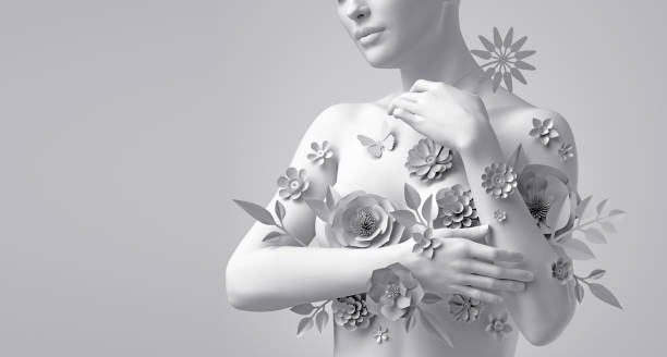 3d render, floral female bust, white mannequin covered with delicate paper flowers, woman silhouette isolated on white background. Breast cancer support. Wedding fashion. Modern botanical sculpture 3d render, floral female bust, white mannequin covered with delicate paper flowers, woman silhouette isolated on white background. Breast cancer support. Wedding fashion. Modern botanical sculpture people sculpture stock pictures, royalty-free photos & images