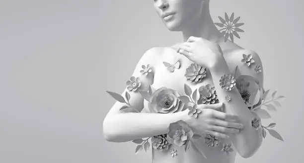 Photo of 3d render, floral female bust, white mannequin covered with delicate paper flowers, woman silhouette isolated on white background. Breast cancer support. Wedding fashion. Modern botanical sculpture