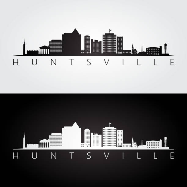 huntsville, alabama silueti ve simgesel siluet, siyah beyaz tasarım, vektör illüstrasyon. - alabama stock illustrations