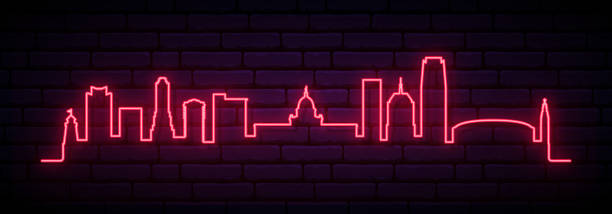 rote neon skyline von oklahoma city stadt. helle oklahoma city lange banner. vektor-illustration. - oklahoma house red residential structure stock-grafiken, -clipart, -cartoons und -symbole