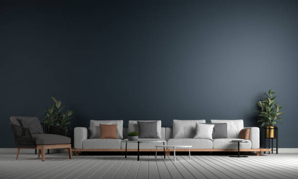 istock New normal living room interior design and blue concrete wall background 1249544159