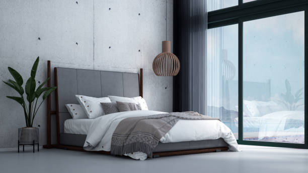 istock Modern tropical bedroom interior design and concrete wall background 1249544211