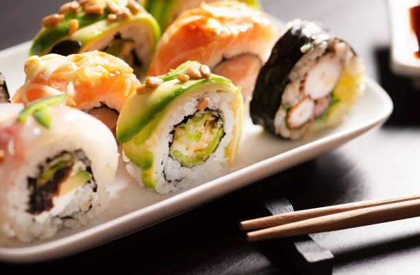istock Traditional sushi roll set on plate 1249544581