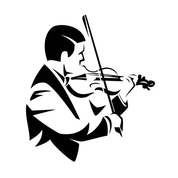 Vector illustration of classical musician playing violin black and white vector portrait
