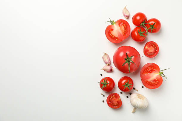 istock Composition with tomatoes and ingredients on white background, top view 1249547444