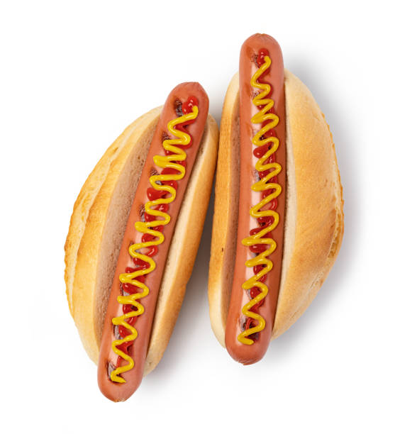 istock Hot dog with ketchup and mustard on white 1249547572