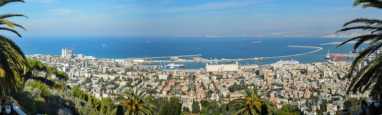 Panorama of Haifa from Carmel Hill. View of the port and the city of Haifa from above in November.