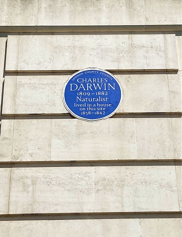 London, United Kingdom - June 13 2020: Charles Darwin English Heritage blue plaque, Gower Street, wall detail