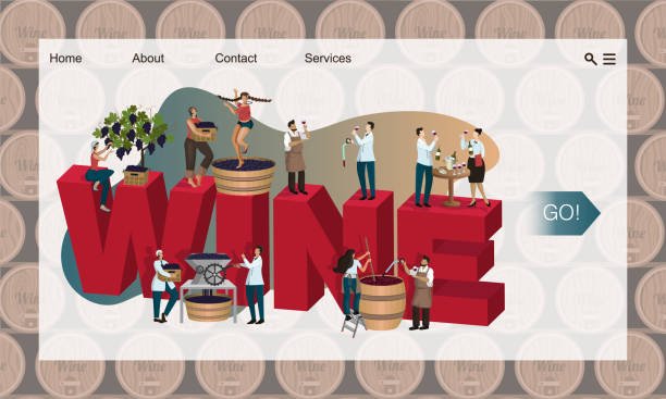 Concept of winery website, landing page. Banner with tiny people making and tasting wine. Vino at different stages of production Concept of winery website. Banner with tiny people making and tasting wine. Vino at different stages of production: grape harvesting, crushing, fermentation, aging, degustation. Design of landing page vinegar stock illustrations