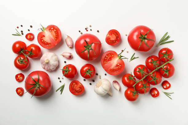 istock Composition with tomatoes and ingredients on white background, top view 1249549156