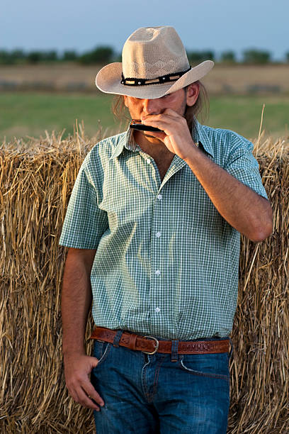 cowboy jugando armónica - sharecropper fotografías e imágenes de stock