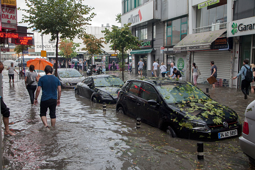 Flood in a street in Istanbul A street in Beşiktaş district.İstanbul,Turkey 27 july 2017.