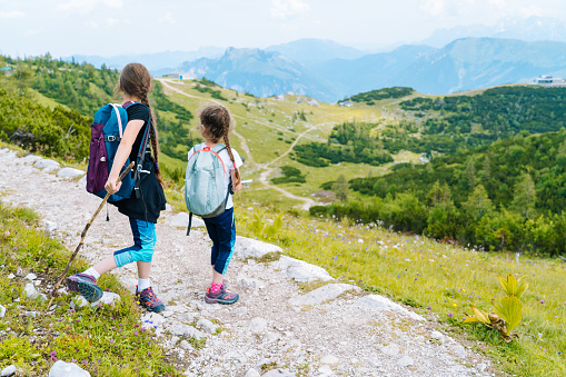 Children hiking on beautiful summer day in alps mountains Austria, resting on rock and admire amazing view to mountain peaks. Active family vacation leisure with kids. Outdoor fun and healthy activity