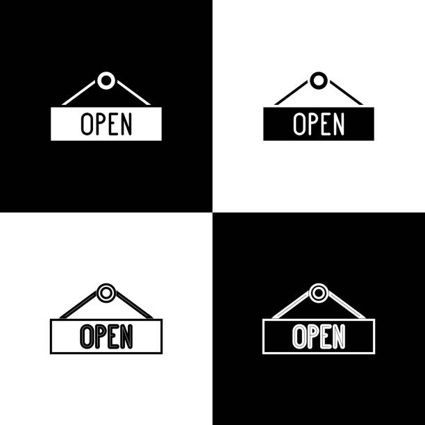 ilustrações de stock, clip art, desenhos animados e ícones de set hanging sign with text open door icon isolated on black and white background. vector illustration - line art welcome sign white black