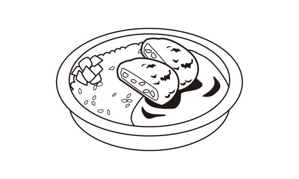 ilustraciones, imágenes clip art, dibujos animados e iconos de stock de almuerzo de curry de croqueta japonesa para llevar a casa - croquetas