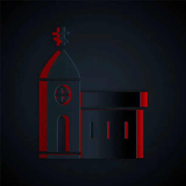 Vector illustration of Paper cut Church building icon isolated on black background. Christian Church. Religion of church. Paper art style. Vector Illustration