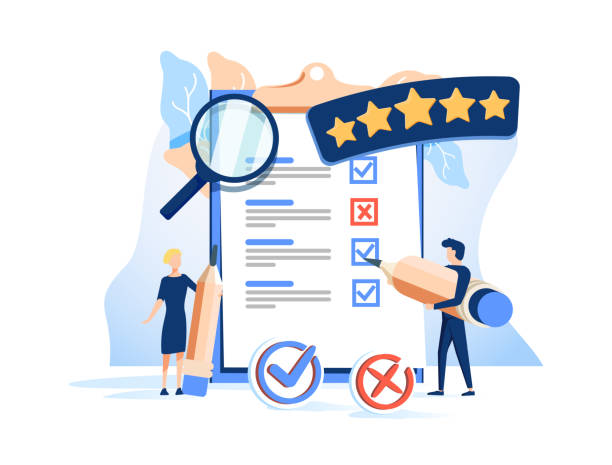 People Characters Filling Test in Customer Survey Form. Woman and Man putting Check Mark on Checklist. Customers People Characters Filling Test in Customer Survey Form. Woman and Man putting Check Mark on Checklist. Customer Experiences and Satisfaction Concept. Flat Isometric Vector Illustration. A B tests customer feedback stock illustrations