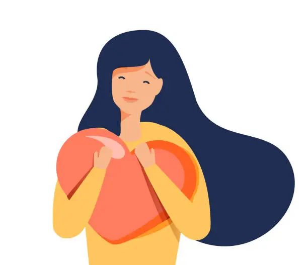 Vector illustration of Young woman hugs a big heart with love and care. Girl with long hair holds pink heart in her hands. Self care, body care