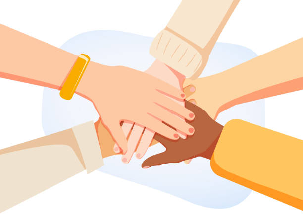 Hands of diverse group of women putting together. Concept of sisterhood, girl power, feminist community or movement Hands of diverse group of women putting together. Concept of sisterhood, girl power, feminist community or movement, friendship, support and cooperation. Flat cartoon colorful vector illustration. sports team icon stock illustrations